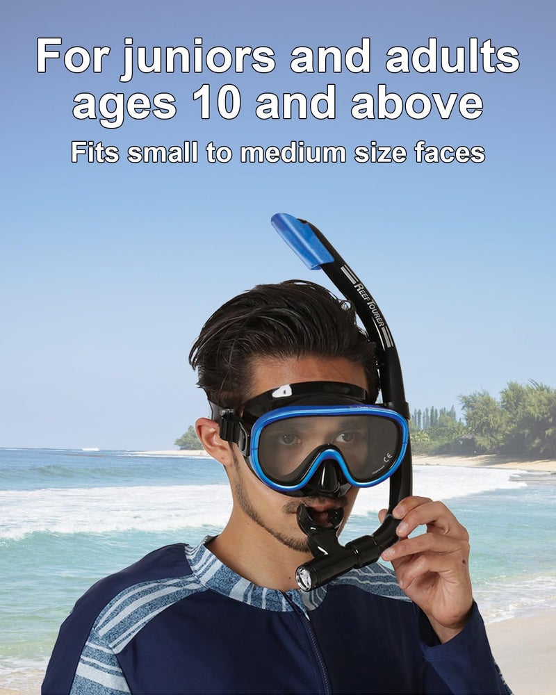 Reef Tourer RC0105 Adult Single-Window Mask & Snorkel Set, Semi-Dry Top, Purge Valve, Panoramic Wide View Tempered Glass Lens, Snorkeling Gear for Ages 10+ with Reusable Mesh Bag, Black/Metallic Blue - Image 2
